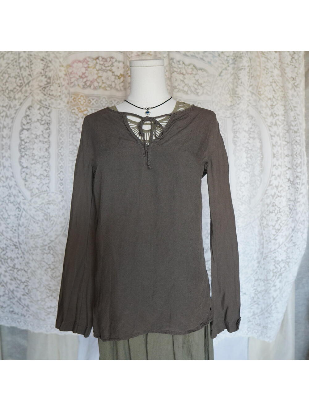Linen Blend Long Sleeve Brown Blouse Tunic Lightweight Goblin Earthy Boho XS